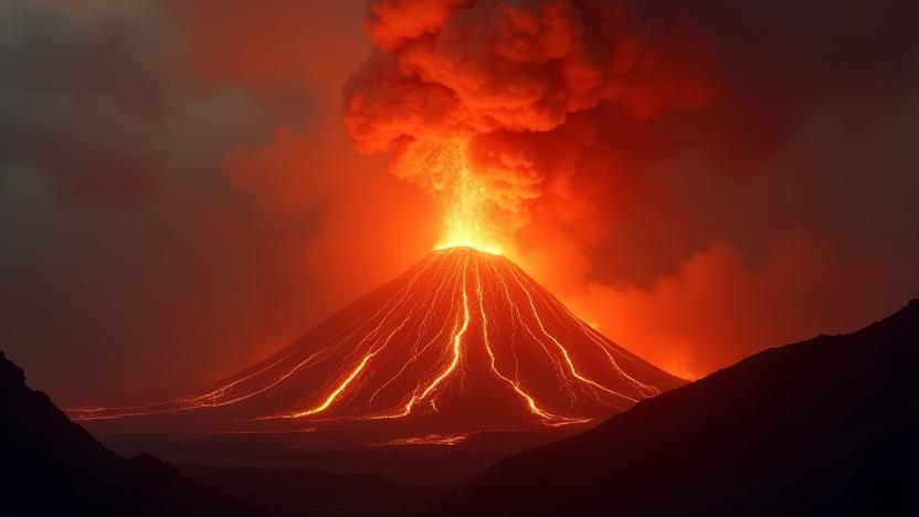 火山噴火のシミュレーションの美しいイメージ。科学と芸術の融合を象徴する